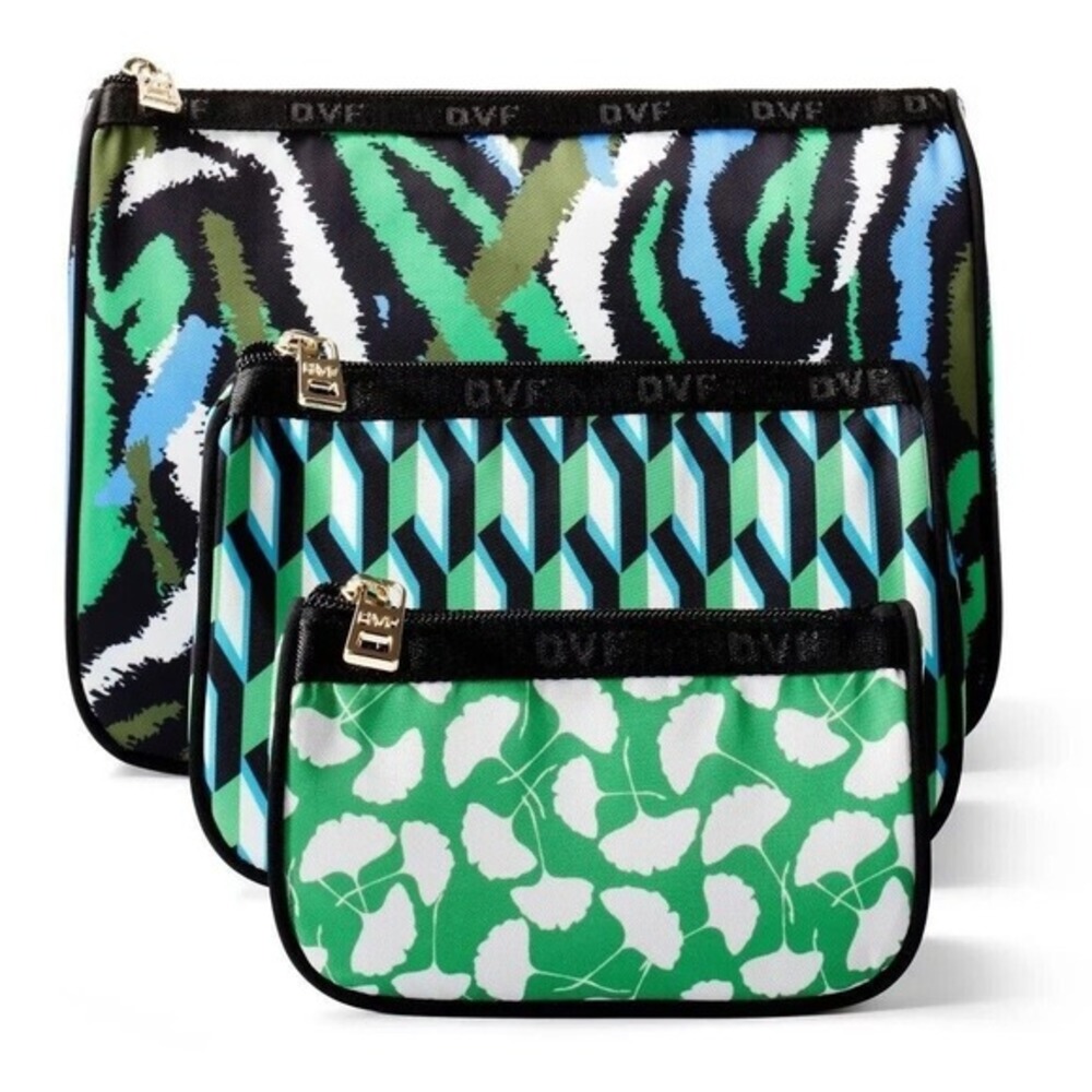 New Diane Von Furstenberg 3 Piece Travel Pouch Set in Blue, Green and Black - Picture 9 of 9